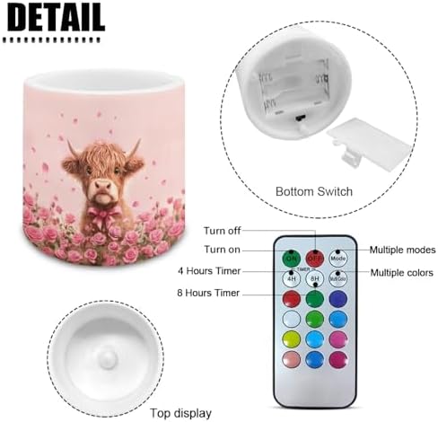 Valentines Day Flickering Flameless Candles with Remote and Timer Battery Operated Candles Pink Rose Highland Cattle Print 4Pcs LED Pillar Tea Lights for Home Decor - Image 2