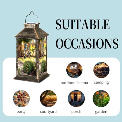 Solar Lantern Tree Stained Glass Brown Blue Clear Leaves Metal Outdoor Waterproof Garden Hanging Lantern Solar Powered Lighting Outside Table Lamp for Patio Deck Camping 1 Pack - Image 5