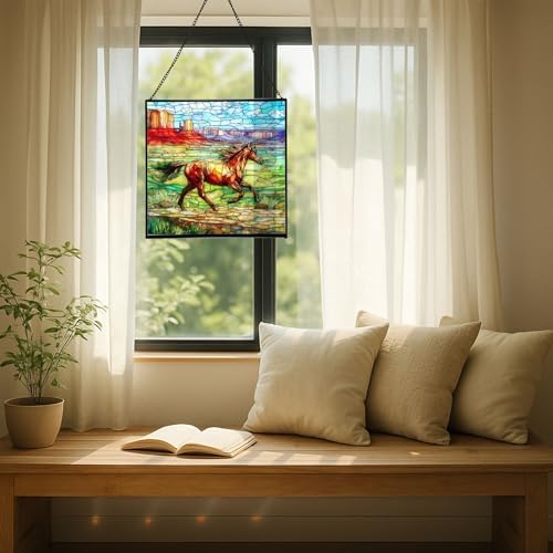 Brown Mustangs Horse cantering Through Open Canyon Floor Square Suncatcher – Stained Glass Style Window Panel with Pastoral Scene, Custom Decorative Hanging Art for Equestrian Home, Christmas WdEB2V - Image 6