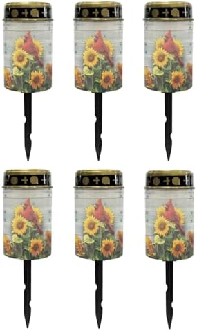 Poceacles Cardinal Sunflower Wood Grain Solar Lights Outdoor Solar Powered Outdoor Cemetery Stake Candle Grave Solar Lamp Landscape Lighting Waterproof Grave Flameless Candle, Pack of 6 by Poceacles