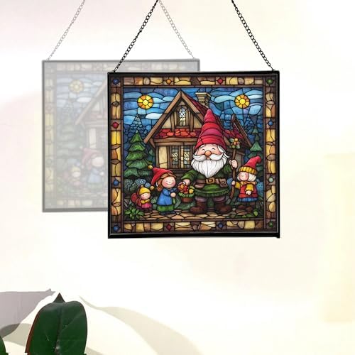 Gnome with Seasonal Celebration Stained Glass Suncatcher – Square Hanging Window Panel for Home, Garden, Nursery, Halloween, Christmas, Memorial Day – Whimsical Glass Art Gift for Gnome Lovers p7qbtj - Image 4
