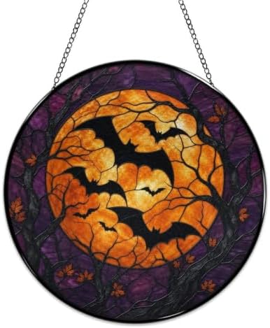 Full Moon Bats Halloween Stained Glass Suncatcher 9.8" Colorful Window Hanging Ornament, Retro Sun Catcher Decor with Chain for Home Wall Garden Birthday Christmas Mothers Day - Image 4