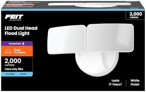 Feit Electric 28W Dusk to Dawn Dual Head Outdoor LED Security Flood Light, 2000 Lumens, 5000K Daylight, Adjustable Heads, Waterproof, Hardwired, 50,000-Hour Lifetime, S9DFL/850/DD/WH by FeitElectricCompany