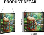 Palomino Rocky Mountain Horse grazing beside shallow stream Square Suncatcher –Stained Glass Style Window Panel with Pastoral Scene, Custom Decorative Hanging Art for Equestrian Home, Christmas Jkv88r - Image 2