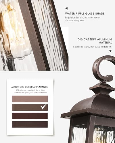 FEMILA Dusk to Dawn Outdoor Wall Sconces, 15" ORB Front Porch Light Fixtures Wall Mount, Exterior Light for Patio, Entryway, Garden, Water Ripple Glass, UL Listed, 4FD54B-PC ORB-WP - Image 3
