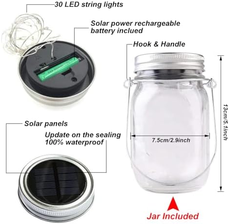 Solar Mason Jar Lights - 4 Pack 30 LED Fairy Firefly String Lights Hanging Starry Lantern Sets, Outdoor Waterproof Patio Porch Garden Yard Balcony Lawn Handmade Wall Lighting Decor - Image 2