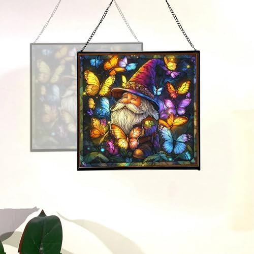 Gnome Among Butterflies Stained Glass Suncatcher – Square Hanging Window Panel for Home or Greenhouse – Whimsical Glass Art Gift for Garden Lovers, Christmas, Halloween, Father Days mExMxO - Image 4