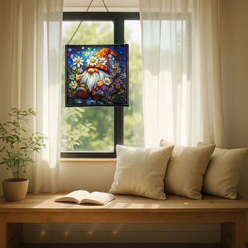 Daisy Crown Gnome Stained Glass Suncatcher – Square Hanging Window Panel for Home or Greenhouse – Whimsical Glass Art Gift for Garden Lovers, Christmas, Halloween, Father Days jgOO6e - Image 7