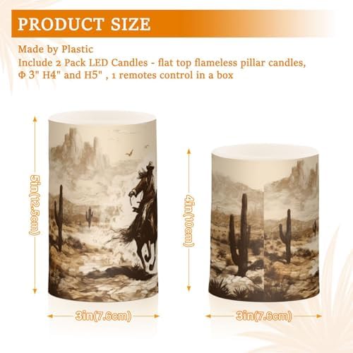 YETTASBIN Western Desert Cowboy Flameless Candles with Remote Control and Timer, Adjustable Brightness Long Lasting Battery Operated LED Pillar Candles for Indoor Outdoor Party Home Decor, 2 Pack - Image 3