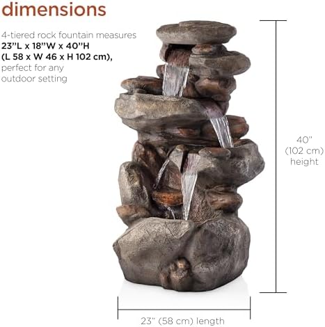 Alpine Corporation | 40" 4-Tier Rock Floor Fountain with Cascading Water & White LED Lights, Tranquil Outdoor Water Feature for Garden, Patio, Yard & Deck, Light Gray - Image 3