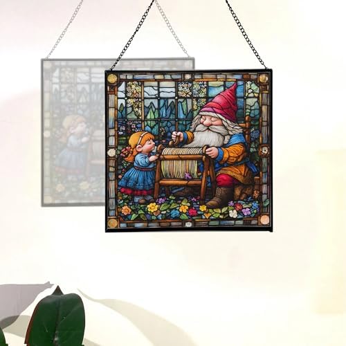Gnome Weaving Stained Glass Suncatcher – Square Hanging Window Panel for Home, Garden, Nursery, Halloween, Christmas, Memorial Day – Whimsical Glass Art Gift for Gnome Lovers y86pad - Image 4