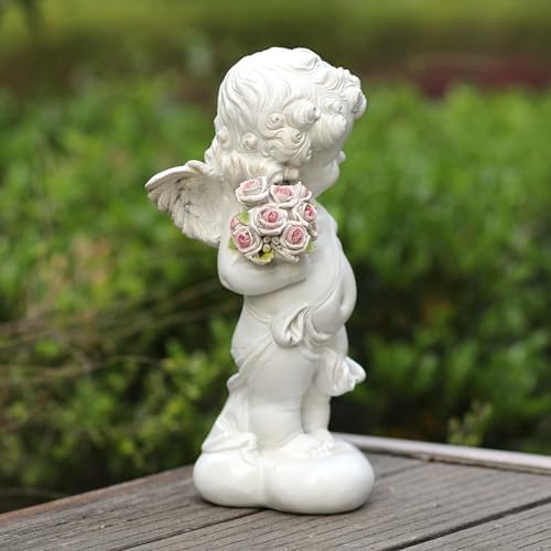 Garden Cupid Angel Statue with Pink Roses, White Cherub Figurine, Outdoor Indoor Decorative Sculpture - Image 6