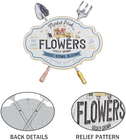 Vintage Metal Garden Sign with Shovel & Fork Decor "Market Fresh Flowers" Rustic Farmhouse Wall Decor for Outdoor Garden Patio Yard 17.5"L (Flower) - Image 3