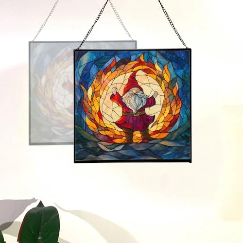 Fire Ring Gnome Dance Stained Glass Suncatcher – Square Hanging Window Panel for Home or Greenhouse – Whimsical Glass Art Gift for Garden Lovers, Christmas, Halloween, Father Days GdB5ES - Image 4