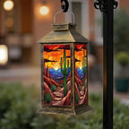 Solar Lantern Outdoor Waterproof Desert Landscape Cactus Sunset Stained Glass Style Garden Decor LED Hanging Solar Lights Tabletop Lamp Gifts for Women Mom Outside Yard Patio Porch by DERUINVAIO