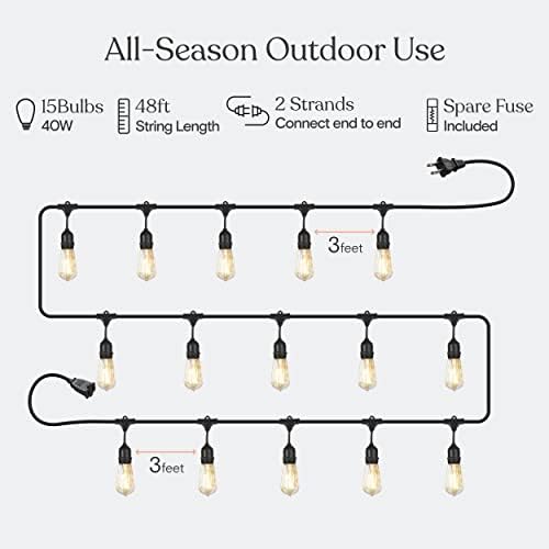 Brightech Ambience Pro Incandescent Outdoor String Lights - 48 Ft Dimmable Patio Light - 40W Commercial Waterproof Porch String Lights for Outside, Backyard - 15 Vintage Filament Bulbs, Warm White - Image 3