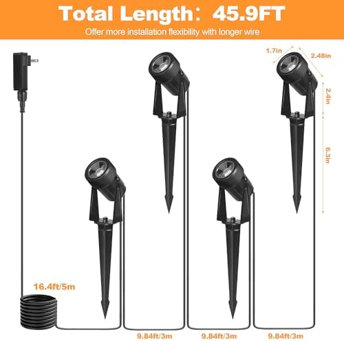 Outdoor Landscape Lighting Waterproof with 45.9FT Cable & built-in LED Light, Low Voltage 12W 1200LM Plug in Electric LED Spot Light 3000K Uplight with Transformer for Garden Yard Tree Path, Pack of 4 - Image 6