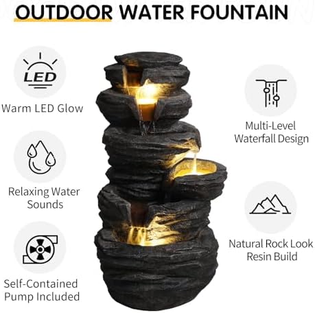 25.6" Waterfall Fountain with LED Lights, Rock Tiered Outdoor Resin Water Feature for Zen Garden, Patio & Porch Decor, Floor-Standing Fountain with Pump - Image 4