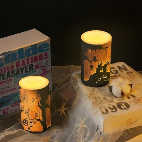 Halloween Battery Operated Candles with Timer Flameless LED Candles Bulk with Remote Devil Pumpkin Tree Print Electric Fake Plastic Pillar Lights Bulk for Home Party Decoration - Image 6