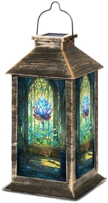 Solar Lantern Art Stained Glass Window Majestic Lotus Flower Outdoor Waterproof Garden Hanging Lantern Solar Powered Lighting Outside Table Lamp for Patio Deck Camping 1 Pack by Unknown