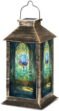 Solar Lantern Art Stained Glass Window Majestic Lotus Flower Outdoor Waterproof Garden Hanging Lantern Solar Powered Lighting Outside Table Lamp for Patio Deck Camping 1 Pack by Unknown