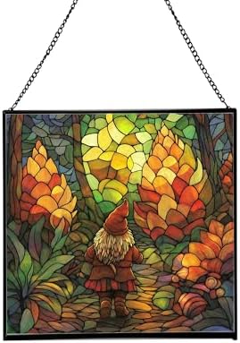 Gnome in Pinecone Forest Stained Glass Suncatcher – Square Hanging Window Panel for Home or Greenhouse – Whimsical Glass Art Gift for Garden Lovers, Christmas, Halloween, Father Days 0j5Gb5 by Custom
