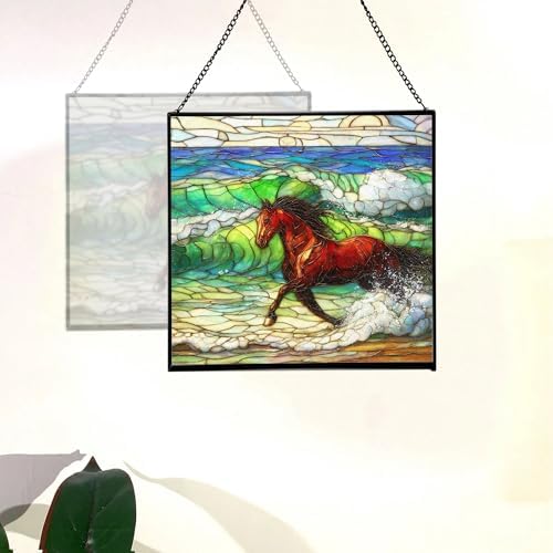 Dark Bay Thoroughbred Horse galloping along wind-cut shore Square Suncatcher – Stained Glass Style Window Panel with Pastoral Scene, Custom Decorative Hanging Art for Equestrian Home, Christmas TqsAq5 - Image 4
