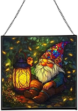 Lantern Gnome Glow Stained Glass Suncatcher – Square Hanging Window Panel for Home or Greenhouse – Whimsical Glass Art Gift for Garden Lovers, Christmas, Halloween, Father Days TWeAHz by Custom