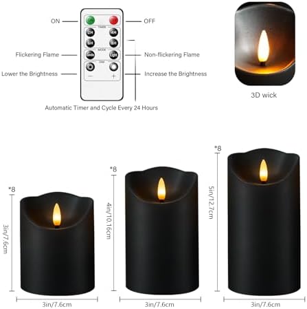 kakoya Flameless LED Candles Battery Operated with Remote and Timer,Flickering Electric Fake Plastic Pillar Candles Set of 24(D3 x H 3" 4" 5") Black - Image 5