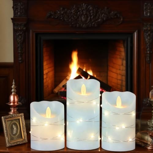 Nautical Flameless Candles with String Lights Flickering Blue Battery Operated Candles with Remote Control & Timer - Home Farmhouse Holiday Ocean Decor - Set of 3 - Image 4