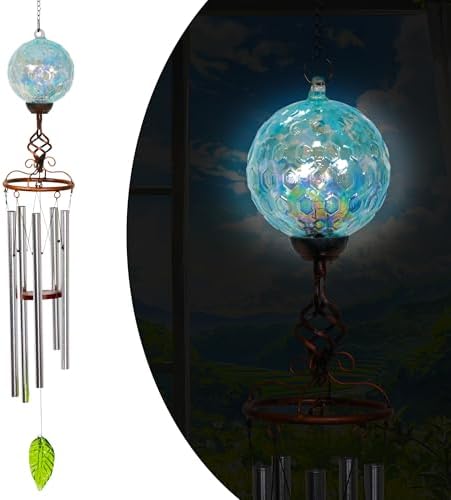 Wind Chimes, Solar LED Outdoor Garden Lighting, Light Biue Glass and Metal Wind Chime Lawn and Yard Decoration with Bronze Metal Finial, 5 x 46.5 Inch (Light Blue) by Unknown