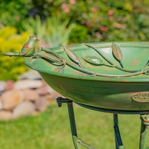Zaer Ltd. Deep Well Made Metal Birdbath with 2 Cast Iron Birds and Leaf Decoration (Verdi Green) - Image 5