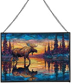 Moose Wading Through Shimmering Lake Rectangular Stained Glass Suncatcher – Hanging Window Panel with Animal & Nature Scene – Vibrant Glass Art Gift for Wildlife, Fantasy, Nature Lovers OAlBEX by Custom