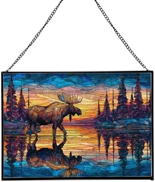 Moose Wading Through Shimmering Lake Rectangular Stained Glass Suncatcher – Hanging Window Panel with Animal & Nature Scene – Vibrant Glass Art Gift for Wildlife, Fantasy, Nature Lovers OAlBEX by Custom