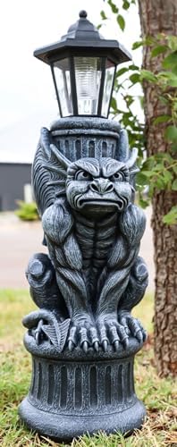 Ebros Faux Stone Gothic Crouching Winged Gargoyle Statue with Solar LED Lantern Light Post 20" Tall Decor Figurine - Image 3