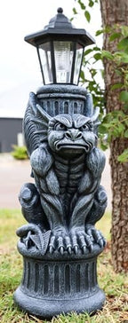 Ebros Faux Stone Gothic Crouching Winged Gargoyle Statue with Solar LED Lantern Light Post 20" Tall Decor Figurine - Image 3