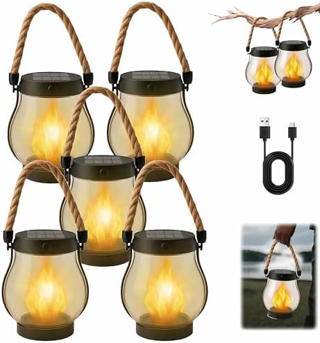 Solar Lantern Outdoor Lights Large Waterproof Flickering Flame Solar Lantern for Yard Garden Patio Hanging Tabletop Decor (5 Pcs) by Unknown