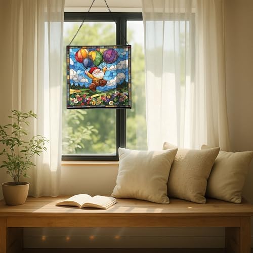 Balloon Flight Gnome Stained Glass Suncatcher – Square Hanging Window Panel for Home or Greenhouse – Whimsical Glass Art Gift for Garden Lovers, Christmas, Halloween, Father Days NzyS2A - Image 7