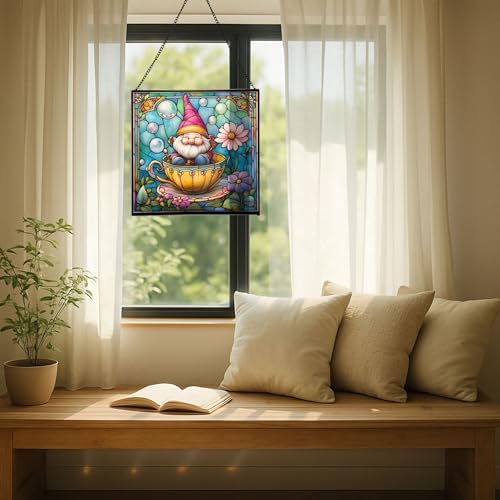 Gnome in a Teacup Stained Glass Suncatcher – Square Hanging Window Panel for Home or Greenhouse – Whimsical Glass Art Gift for Garden Lovers, Christmas, Halloween, Father Days sxN2AW - Image 7