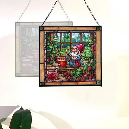 Gnome Making jam Stained Glass Suncatcher – Square Hanging Window Panel for Home, Garden, Nursery, Halloween, Christmas, Memorial Day – Whimsical Glass Art Gift for Gnome Lovers 8ddf8a - Image 4