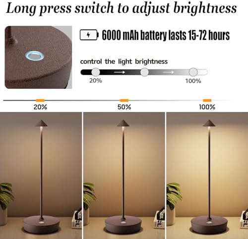 2Pack Rechargeable Cordless Table Lamp, Portable Powered LED Battery 6000mAh Metal USB Desk Lamp, 3 Levels Brightness Light for Restaurants Outdoor (2pack ferruginous) - Image 4