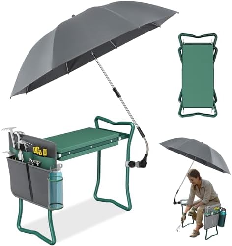 OAOA innovation 2-in-1 Garden Kneeler with Umbrella, Kneeling Bench & Grey Umbrella, Portable Stool 330lb Capacity, Garden Tools Bag with Bottle Holder, Gardening Gift for Men Women Seniors by Unknown