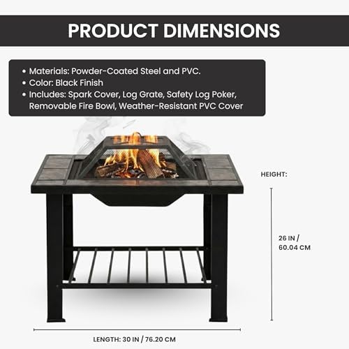 Fire Pit - 30-Inch Outdoor Firepit Table with Screen, Cover, and Poker - Outdoor Fire Pits for Backyard, Deck, Patio, or Porch by Pure Garden (Black) - Image 7