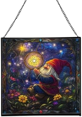 Gnome with Dreamcatcher Stained Glass Suncatcher – Square Hanging Window Panel for Home or Greenhouse – Whimsical Glass Art Gift for Garden Lovers, Christmas, Halloween, Father Days vrZDDK by Custom