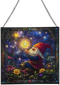 Gnome with Dreamcatcher Stained Glass Suncatcher – Square Hanging Window Panel for Home or Greenhouse – Whimsical Glass Art Gift for Garden Lovers, Christmas, Halloween, Father Days vrZDDK by Custom