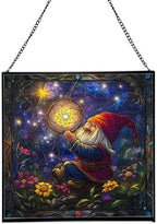 Gnome with Dreamcatcher Stained Glass Suncatcher – Square Hanging Window Panel for Home or Greenhouse – Whimsical Glass Art Gift for Garden Lovers, Christmas, Halloween, Father Days vrZDDK by Custom