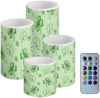 St Patrick's Day Shamrocks Battery Operated Candles with Timer 4 Pack Waterproof Flameless Candles with Remote Shamrocks LED Lamp for Porch Home Decorations by Merkmak
