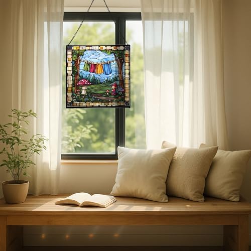 Gnome Hanging Laundry Stained Glass Suncatcher – Square Hanging Window Panel for Home, Garden, Nursery, Halloween, Christmas, Memorial Day – Whimsical Glass Art Gift for Gnome Lovers covd1h - Image 7