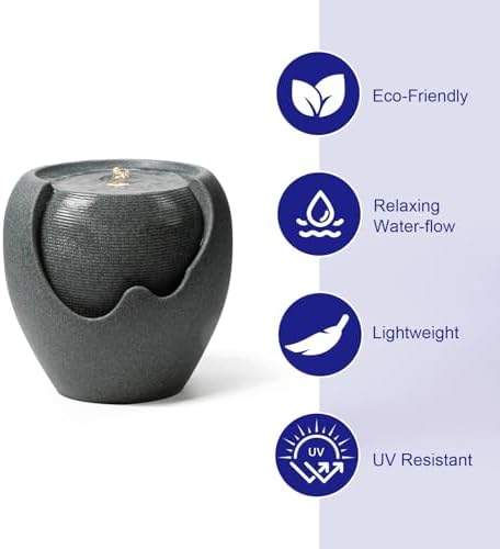 16.93” H Outdoor Water Fountain Made with Eco-Friendly Recyclable Materials, Polyethylene Round Bubbler Water Fountain Outdoor, Garden Decor with LED Light for Patio, Porch, Backyard (16.93") - Image 4