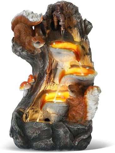 Grepatio Outdoor 4-Tiers Cascading Water Fountain, Garden Waterfalls Fountain with LED Lights, Indoor/Outdoor Floor Standing Water Fountains with Pump for Patio, Yard, Deck Decor with 2 Squirrel Look by Takesyoutohaveawonderfullife